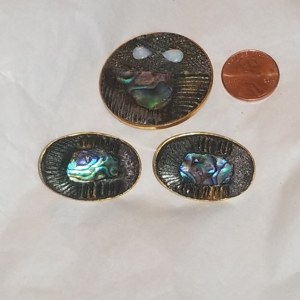 Vintage Abalone Opal Pierced Earrings & Pin Set